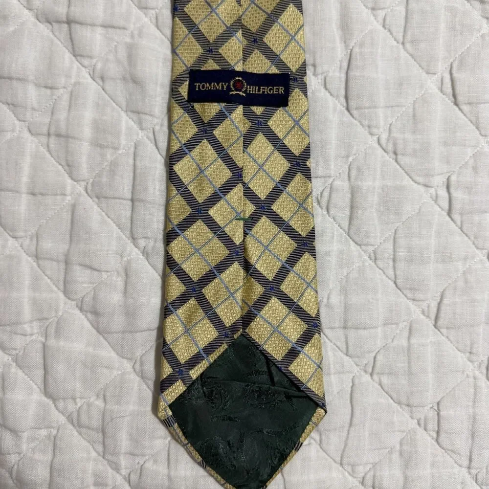 Vintage Tommy Hilfiger Silk Geometric Stripped Yellow & Blue Tie Made In USA